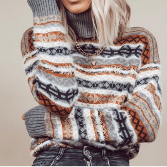 Shop Stevie Sweaters - Shop Stevie Ladi Striped Gray & Brown Knit Turtleneck Sweater/Med